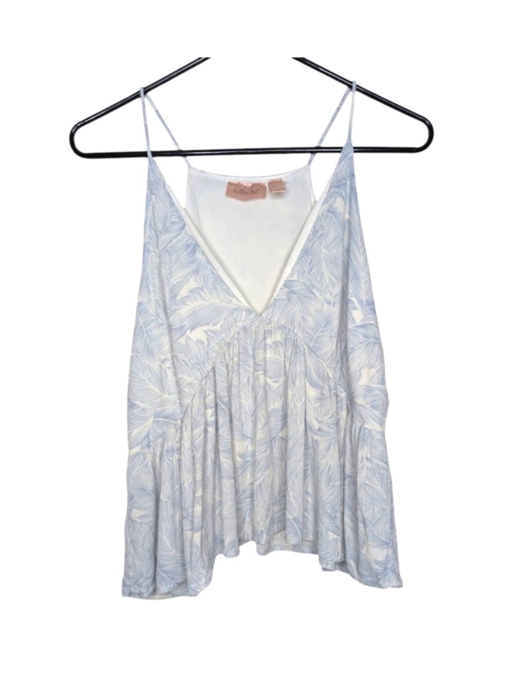 Willow & Root Women's White Blue Leaf Pattern Flowy V Neck Tank Top Size Large
